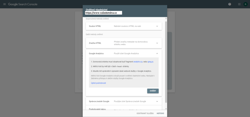 Ověření vlastnictví domény pomocí Google Analytics