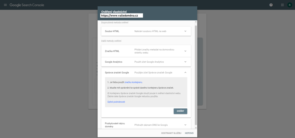 Ověření vlastnictví pomocí Správce značek Google