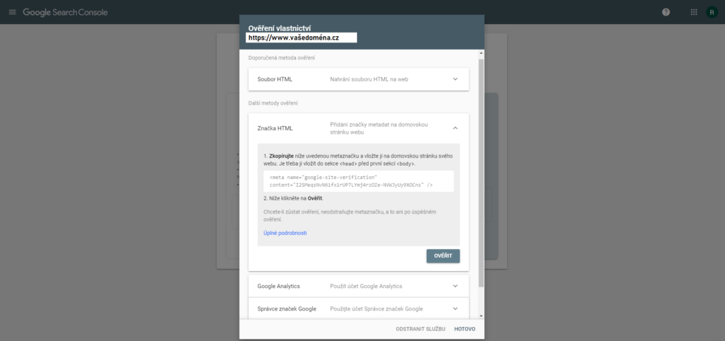 Ověření vlastnictví webu pomocí značky HTML