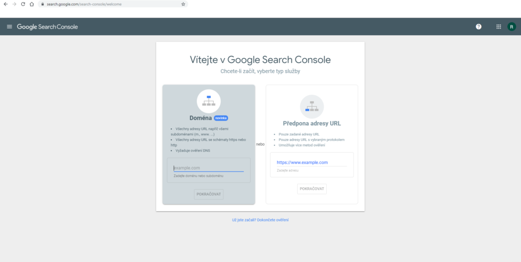 Úvodní obrazovka Google Search Console